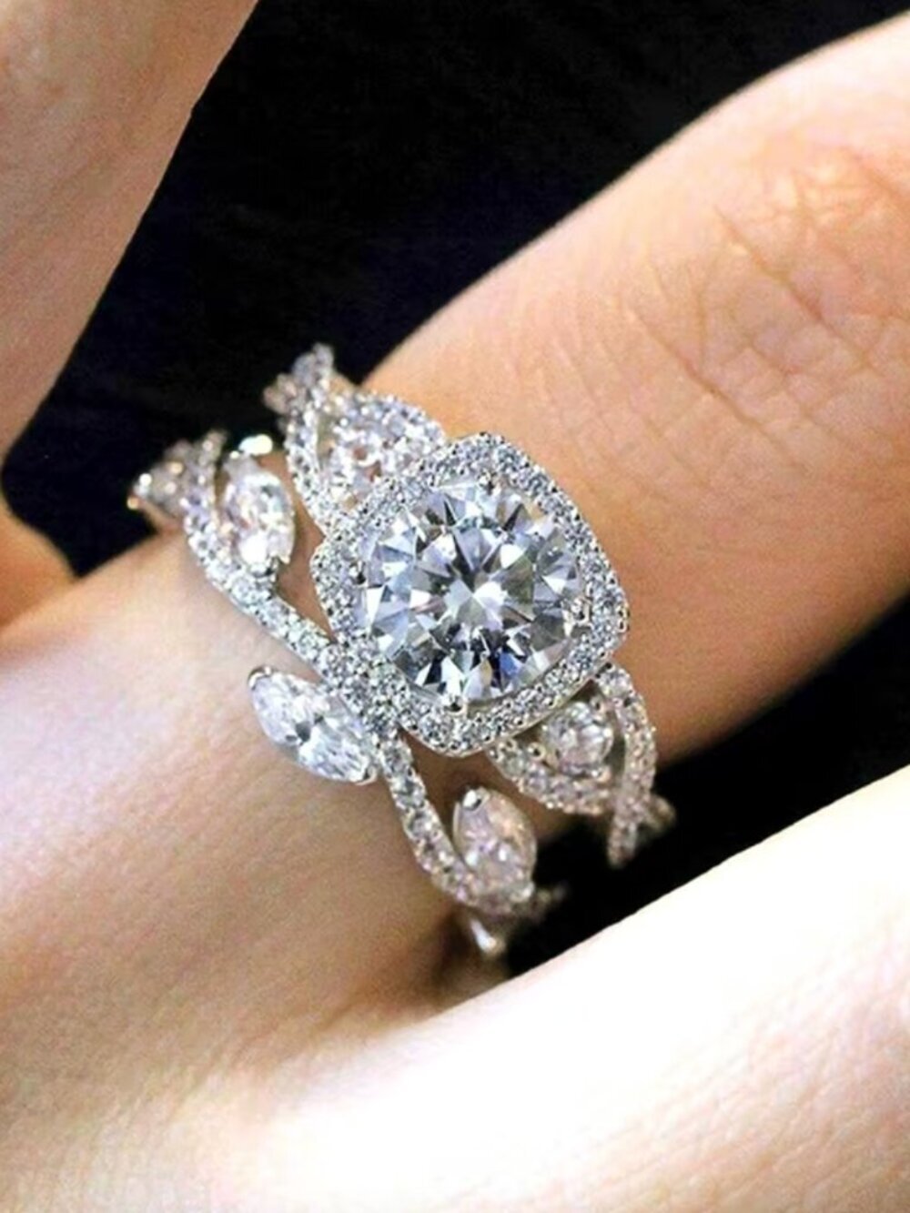 NEW 14k White Gold Set of 2 Diamond Ring Twist Cocktail Ring Petal Ring
